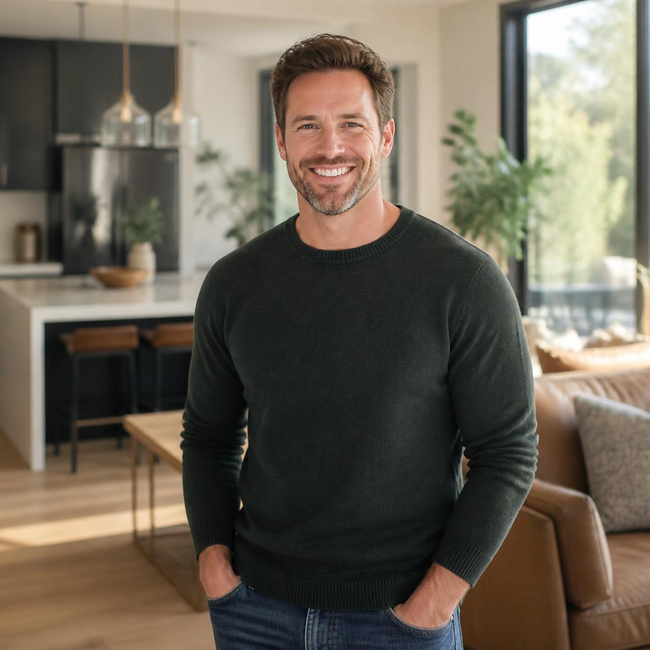 Smiling healthy American man in his early forties standing in a bright modern home